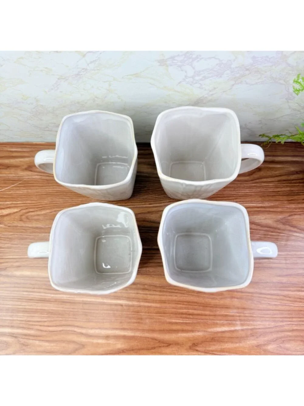 Pier 1 SAKUI Off White Ceramic Square Ribbed Textured Coffee Mugs Cups Set of 4